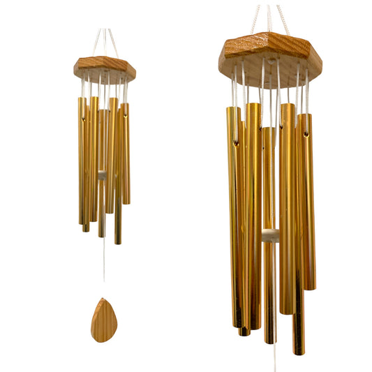 GOLD METAL AND WOOD HEX - 15 INCH - MEDIUM WIND CHIME