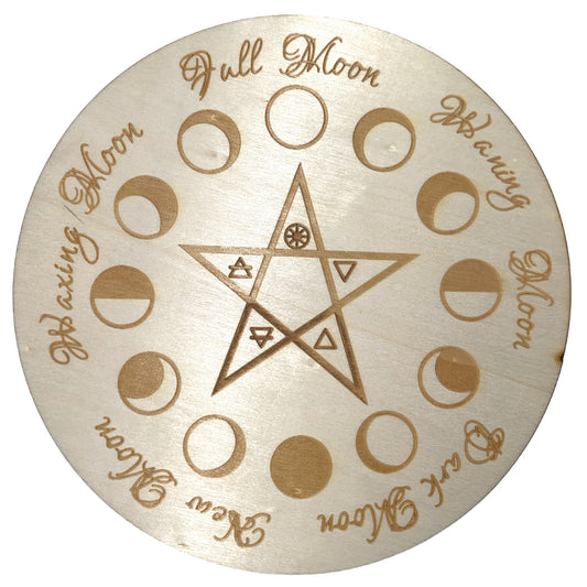 Star with Moon Phases - Pendulum Crystal Charging Plate Tray - Wood Hot Pad - Natural - 20cm - 7.75 inch - Made in China - NEW423