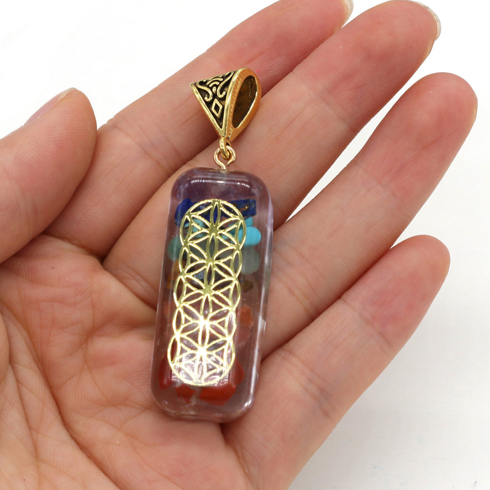 Gemstone Pendant with Natural Stones & Gold FoL  in Resin - Rectangle - 18x55mm - NEW421