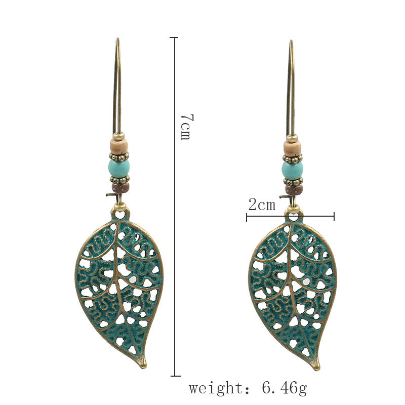 Antiqued Bronze Leaf Earrings with Synthetic Turquoise & Wood - Hooks are Zinc Alloy Lead & Cadmium Free - Size 20x70mm