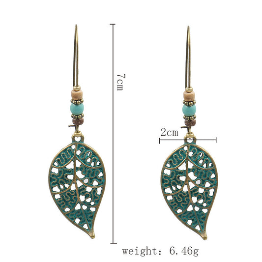 Antiqued Bronze Leaf Earrings with Synthetic Turquoise & Wood - Hooks are Zinc Alloy Lead & Cadmium Free - Size 20x70mm