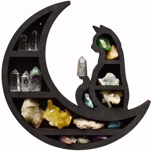 Crescent Moon and Cat  Shelf Crystal Charging Tray - Black - 12 x 11.5 inch - Made in China - NEW1022