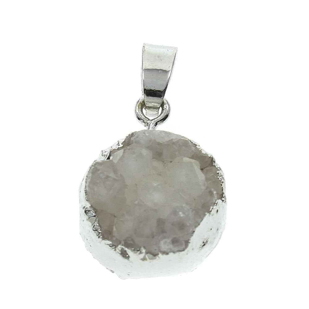 Agate Druzy Pendant - GREY Ice Quartz Agate with iron bail - Flat Round - Silver color plated - 15x7mm to 17x10mm - Hole 5x6mm - NEW222