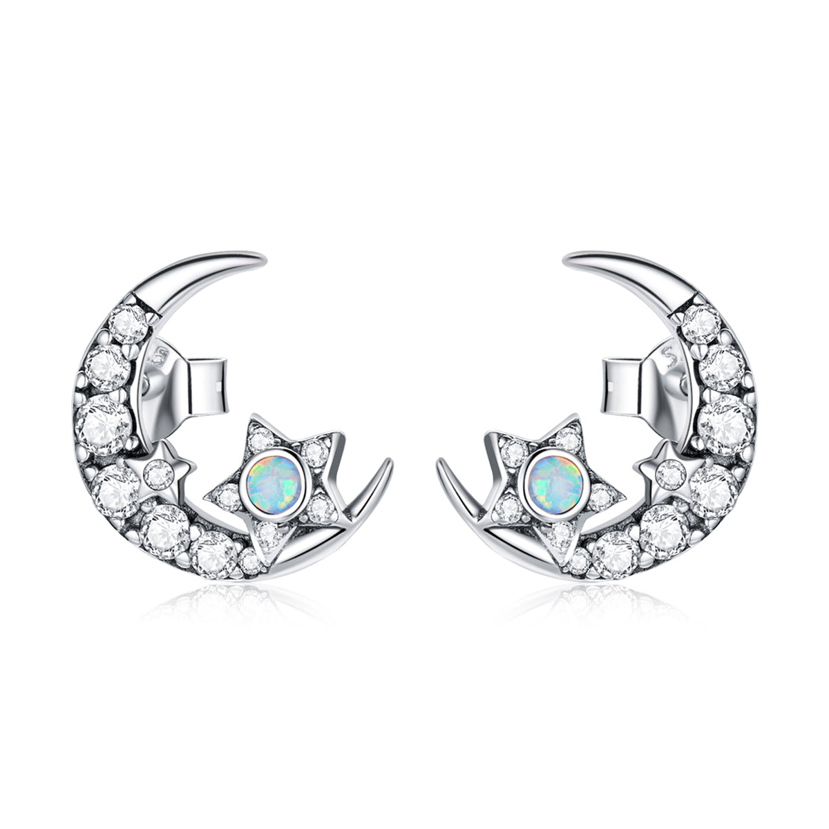 Moon and Stars Earrings - Sterling Silver 925 - Zircon with Opal like - NEW622
