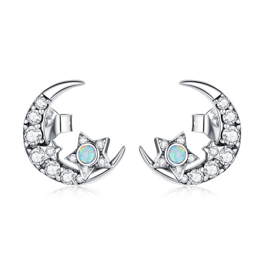 Moon and Stars Earrings - Sterling Silver 925 - Zircon with Opal like - NEW622