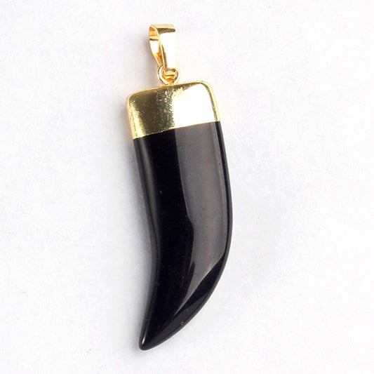 Black Agate Bear Tooth Pendant - Brass - Gold Colour Plated