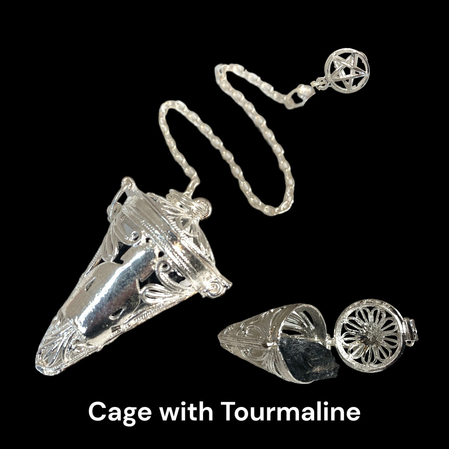Silver Pentacle Filigree Cage Pendulum with Raw Black Tourmaline - 55mm 20g - NEW422