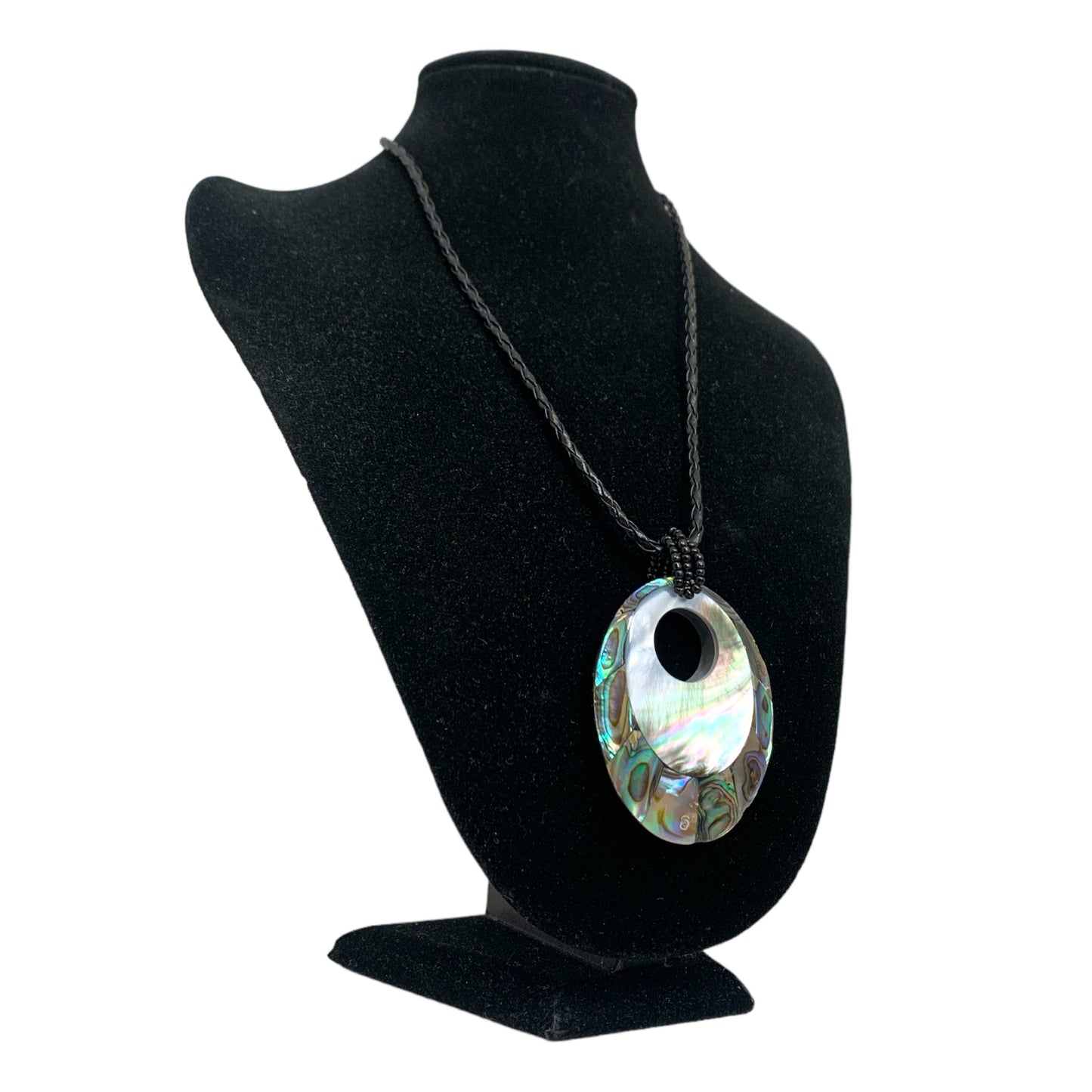 Abalone and MOP Shell Oval Pendant with Twisted Leather Necklace and Hole