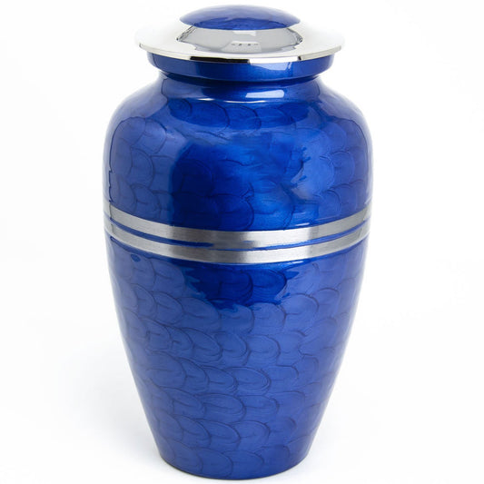 Cremation Urn - Adult - Blue Enamel with 2 Silver Bands - 10.5 x 6 x 6 inch (210 cubic inches)