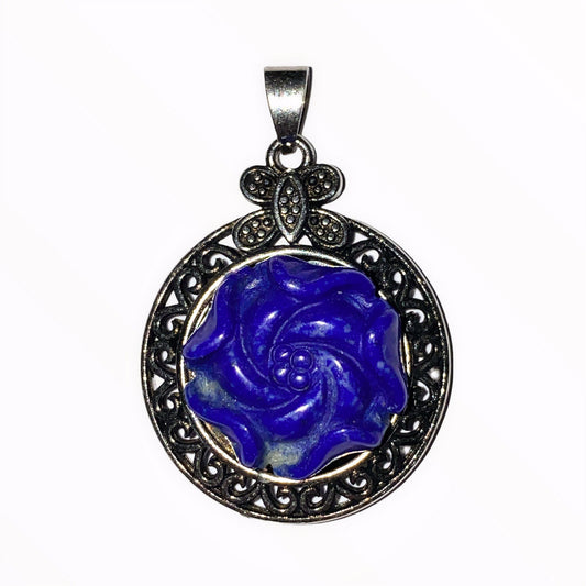 Lapis Lazuli Flower Round Pendant - 38x38mm - Silver Color Plated Metal - China - NEW922