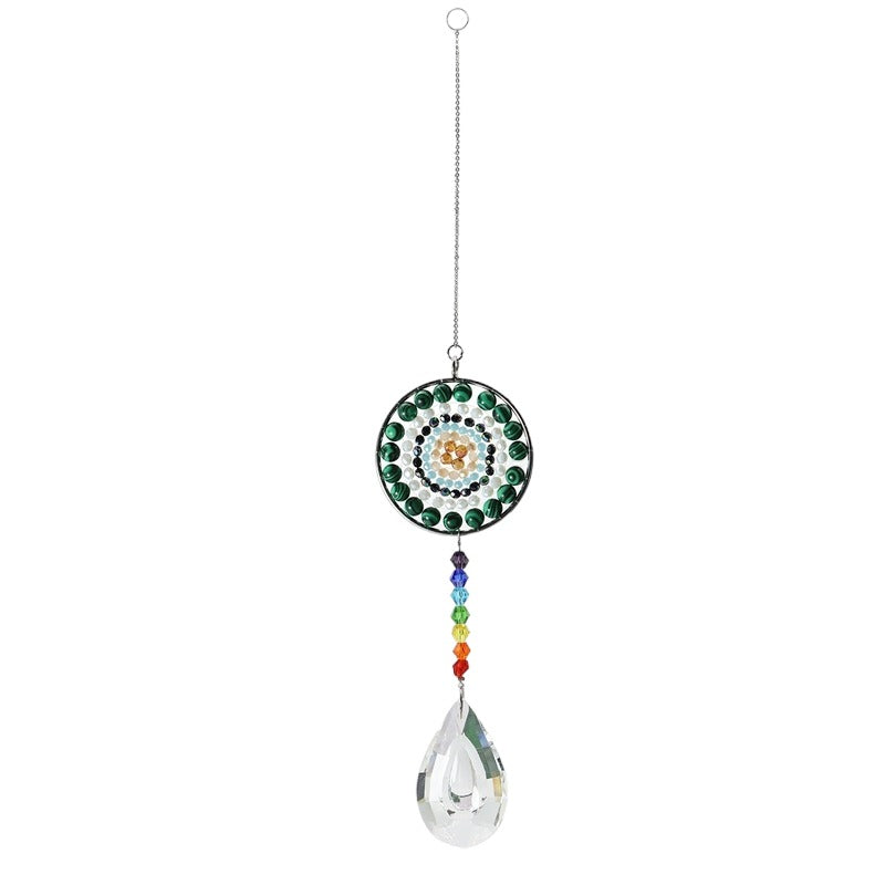 K9 Crystal Hanger Suncatcher with Chakra Beads and Green Red Gemstones Clear Glass - 14 inch - NEW523