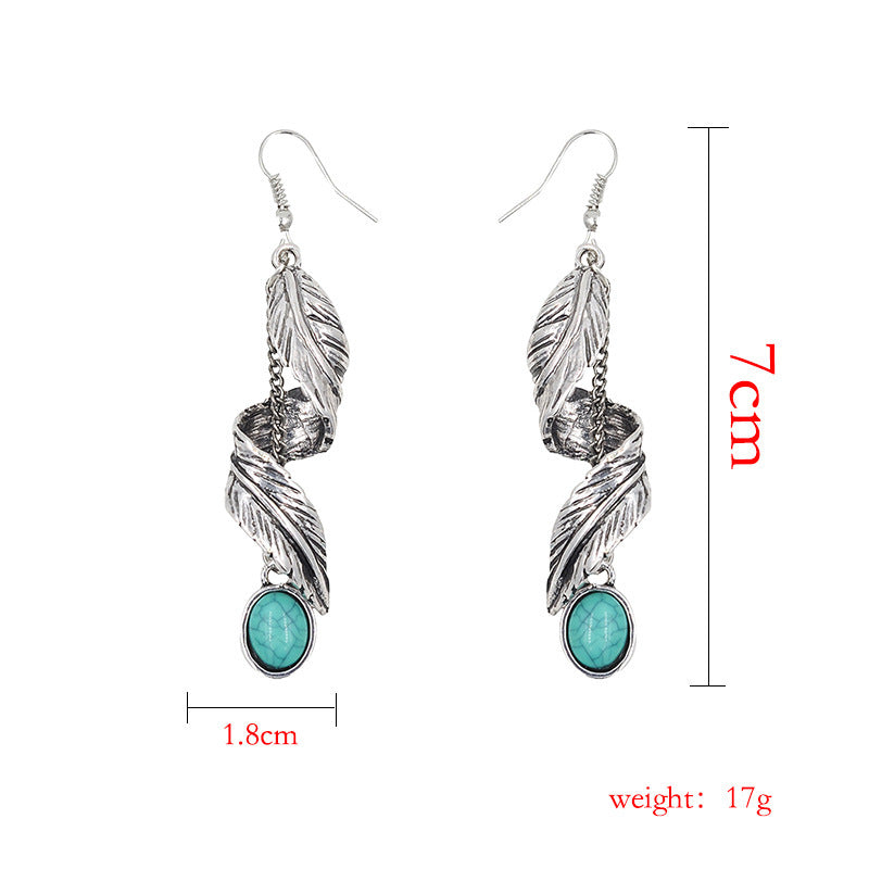 Twisted Feather Earrings with Synthetic Turquoise Hooks - Zinc Alloy Lead & Cadmium Free - Size 70x18mm