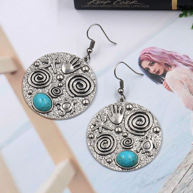 Vintage Tribal Round Zinc Alloy Drop Earrings with Howelite - Silver Plated - 36x56mm - NEW421