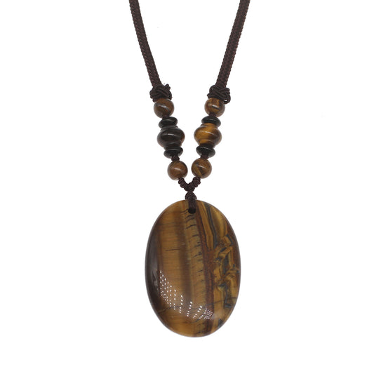 Oval Tigers Eye Gemstone Pendant with Necklace - 42x28x6mm - Length 12 inch - 28g - NEW1021