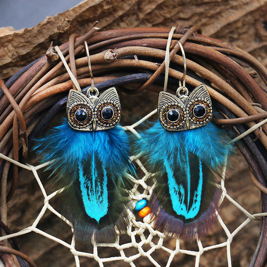 Owl and Feather Zinc Alloy Drop Earring - Blue color Size 16x56mm - NEW222