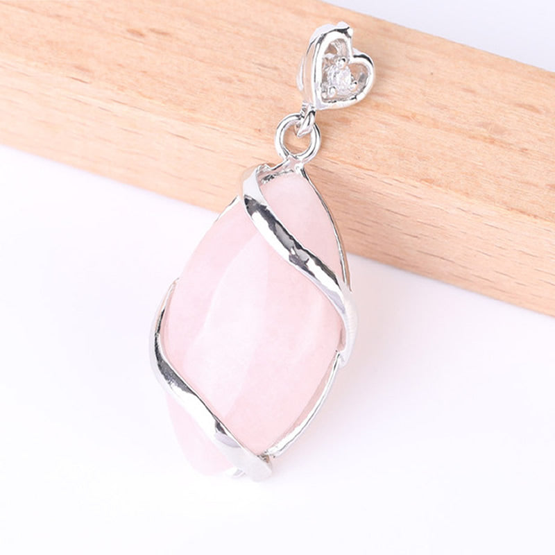 Rose Quartz Gemstone Pendant with Rhinestone - Silver Color Plated Brass - 37x17mm - China - NEW922