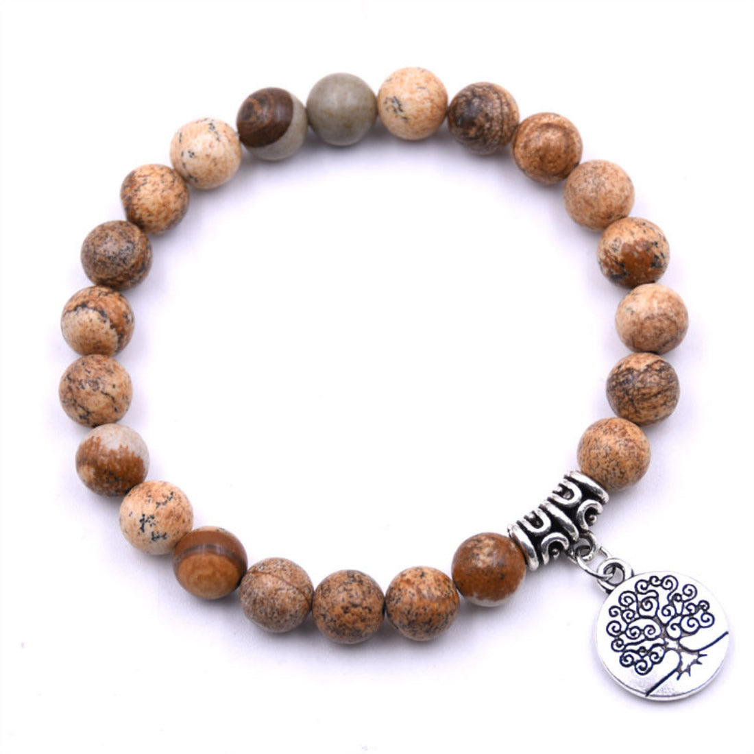 Picture Jasper Bracelet - Tree Charm - Antique Silver Plated - Length 7.5 inch - Beads: 8 mm
