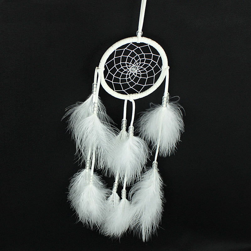 Fashion Dream Catcher Leather Wrapped Hoop - Natural Feathers - Synthetic Beads - WHITE - 50cm