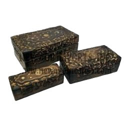 Set of 3 Celestial Inlay Floral Hand Carved Wooden Box - 8 x 6 to 5 x 5.5 inch - NEW423