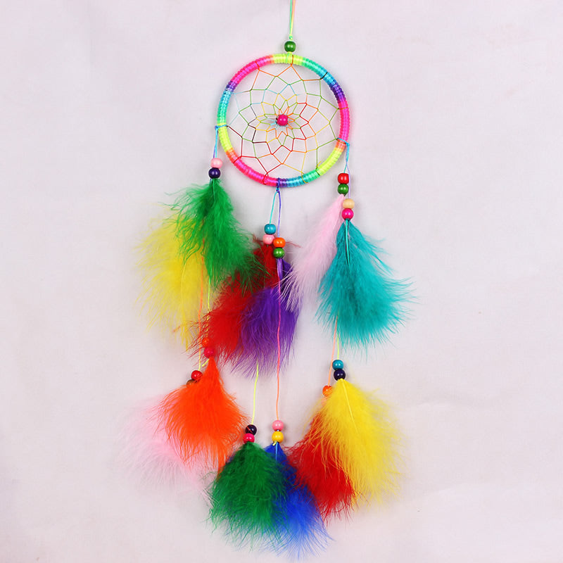 Fashion Dream Catcher -  Nylon Wrapped Hoop and Cord - Wood Beads - Multi Color - 11 x 55cm