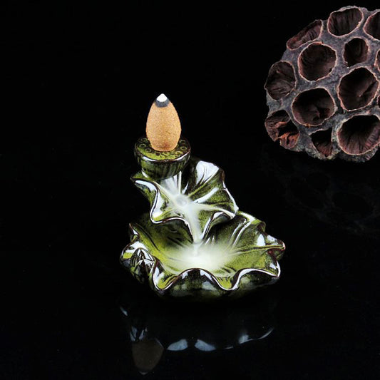 Porcelain Backflow Incense Holder - Pointed Leaves - Green - 8.5x7x4.5cm - NEW920