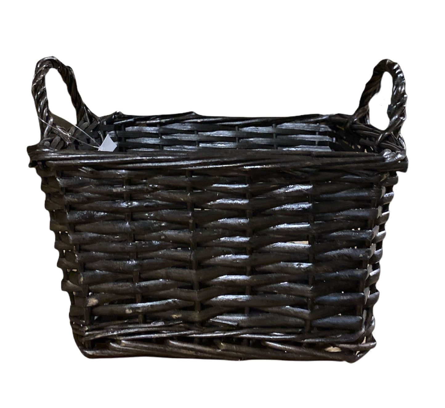 Square Willow Basket with Ear Handles - Black - 9.85 x 9.85 x 5.5 inches deep - Fits a 20x30 bag - Tapers to 7.25 inch Square Base & 7 inch to top of Handle
