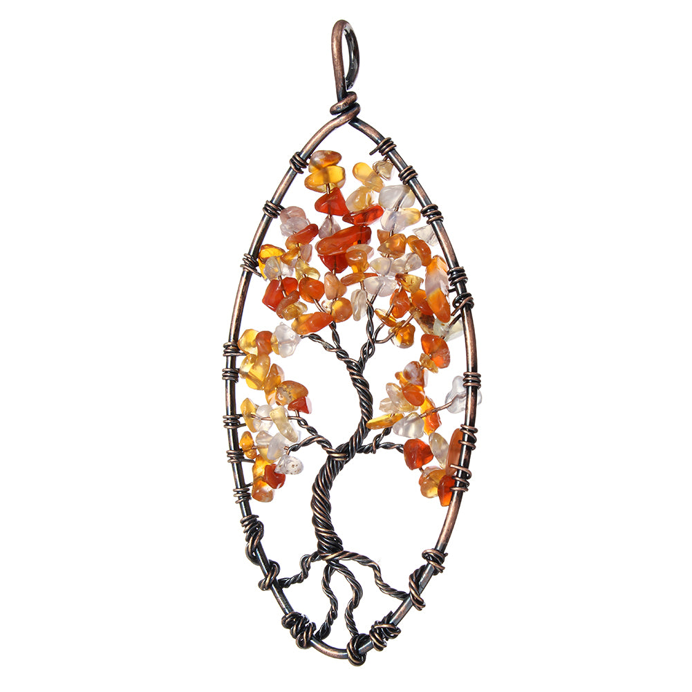 Tree Of Life Pendant - Brass with Red Agate Gemstone, Antique Copper Plated