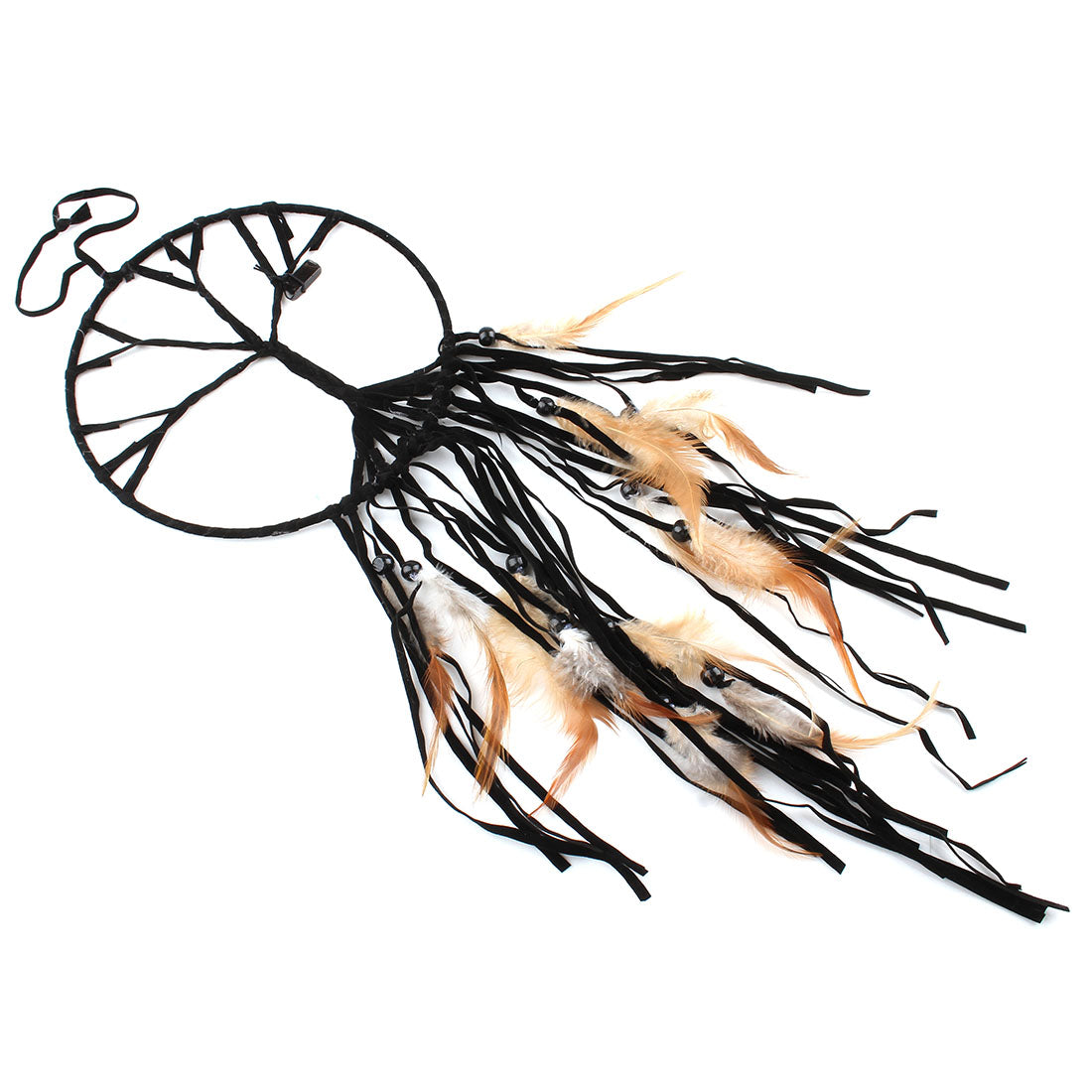 Fashion Dream Catcher - Tree of Life w Quartz Chunk - Iron Hoop and Natural Feathers - Velveteen Fabric - Wood Beads - Black - 68 cm