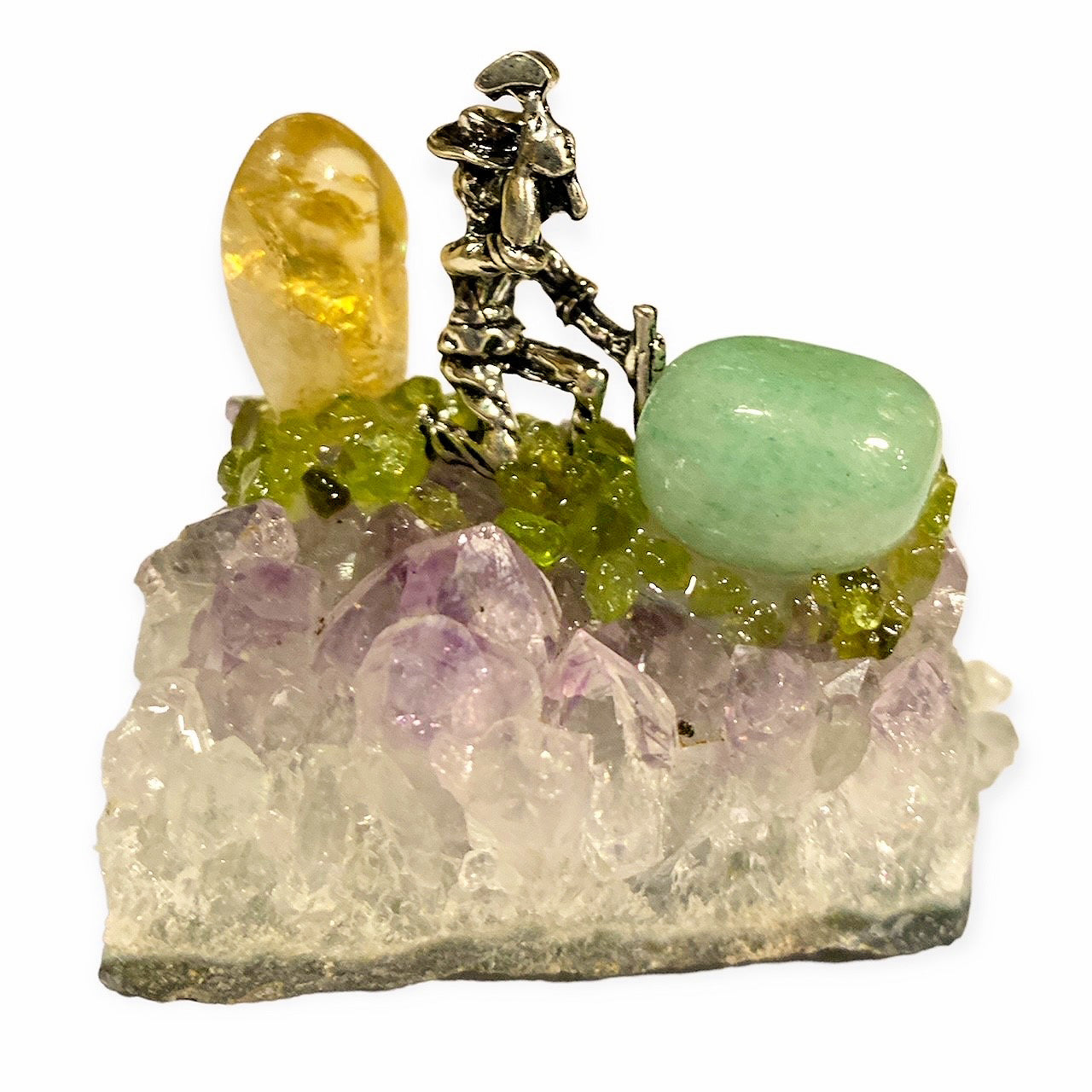 LARGE MIXED GOLD PANNERS & MINERS ON AMETHYST CLUSTER with Citrine - 6.3 x 4.3 cm - China - NEW1122