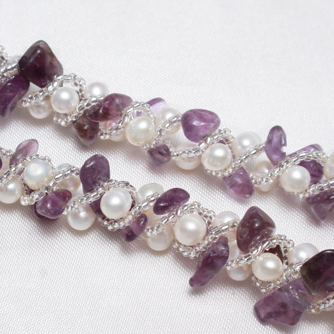 Freshwater Pearl,  Amethyst & Glass bead Necklace - Brass Magnetic clasp white, 6 -7 mm 5-11 mm Approx 16.5 Inch Long