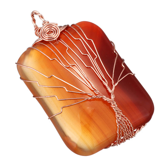 Red Agate Brass Tree Pendant - Rectangle - Rose Gold Colour Plated