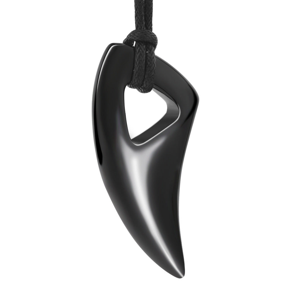 Wolf Tooth Stainless Steel Pendant - BLACK Plated Size:23x48mm with Waxed Cotton Necklace 23.6 Inch - NEW920