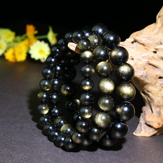 Gold Obsidian Bracelet, Round, polished 8mm beads, Black - NEW222