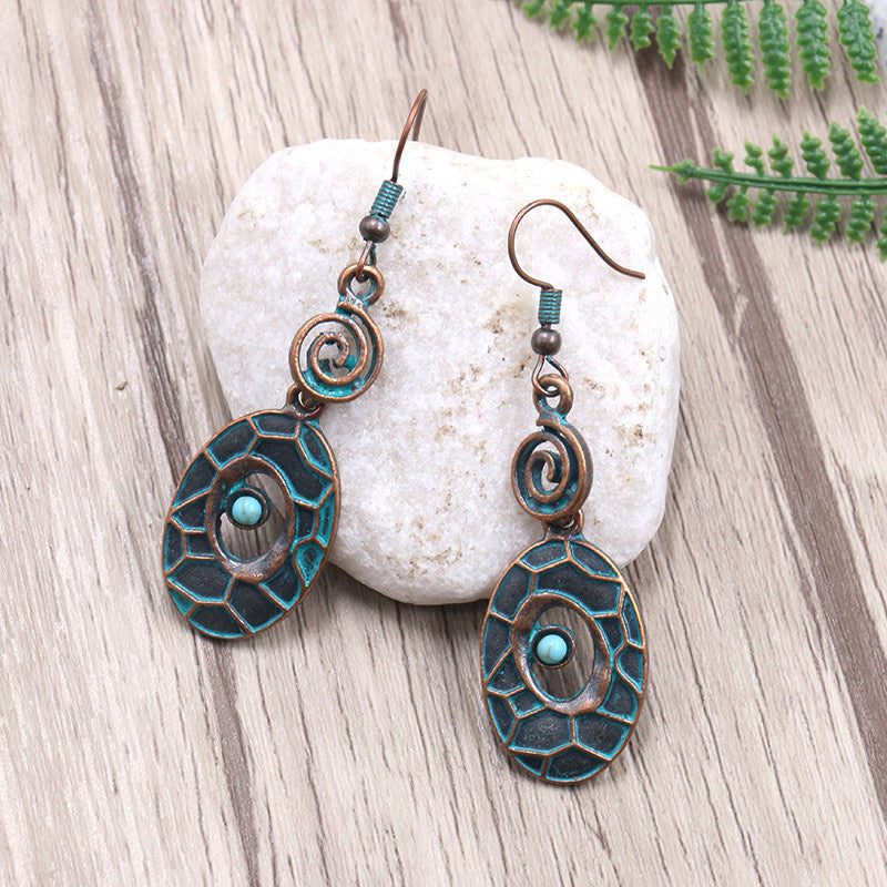 Antiqued Bronze Oval Earrings with Synthetic Turquoise & Wood Hooks - Zinc Alloy Lead & Cadmium Free - Size 27x60mm