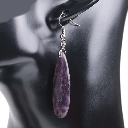 Amethyst Gemstone Drop Earrings - Brass silver color plated - Size 62x12x6mm