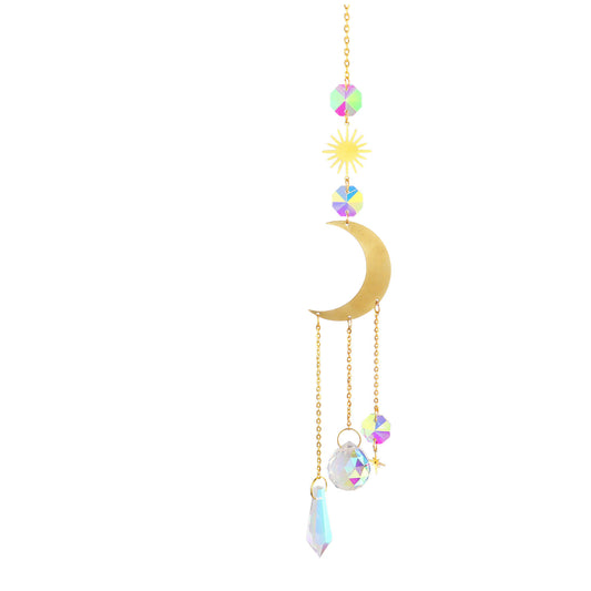 K9 Aura Crystal Hanger  Suncatcher Crescent Moon with Stars Sun Brass - Long 45cm - China - NEW911