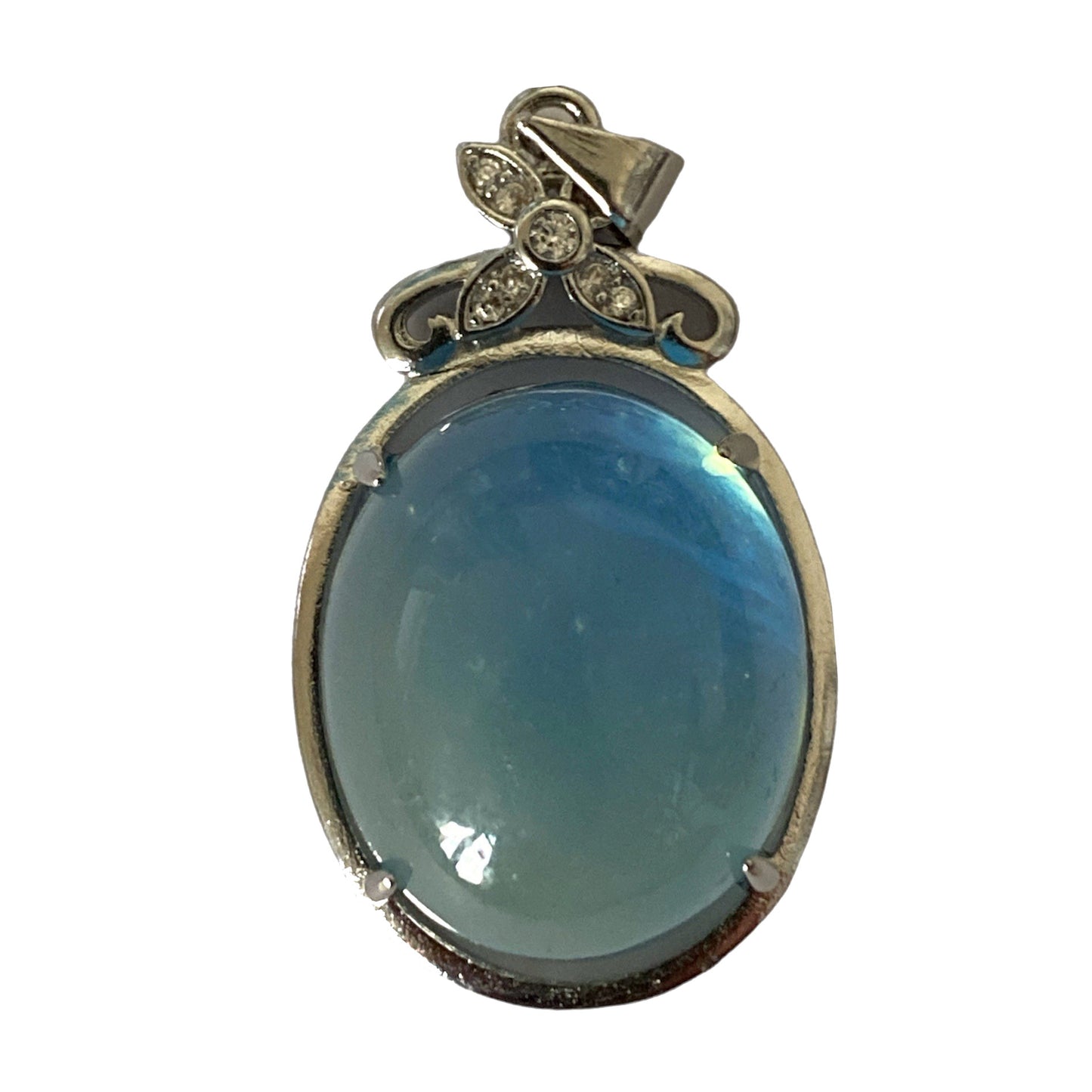 Aquamarine Oval Pendant with Rhinestones - Silver Color Plated Metal - 30x19mm - China - NEW922