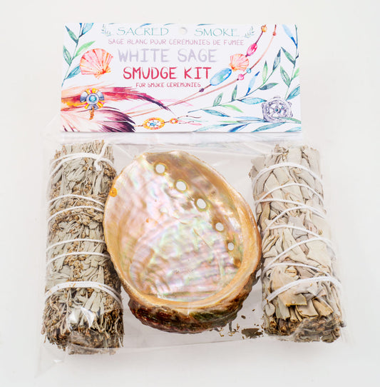 Smudge Kit Threaded Abalone 3.5 inch with 4 inch White & Blue Sage Sticks