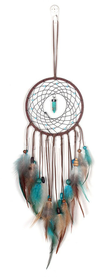 Fashion Dream Catcher - Raw Leather Wrapped Metal Hoop - Natural and Dyed Feathers - Synthetic Turquoise Point - Glass Wood and Synthetic Beads - 13 x 45cm - NEW920