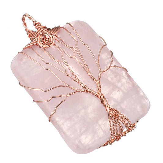 Rose Quartz Brass Tree Pendant - Rectangle - Rose Gold Colour Plated