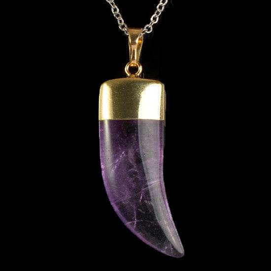 Amethyst Bear Tooth Pendant - Brass - Gold Color Plated