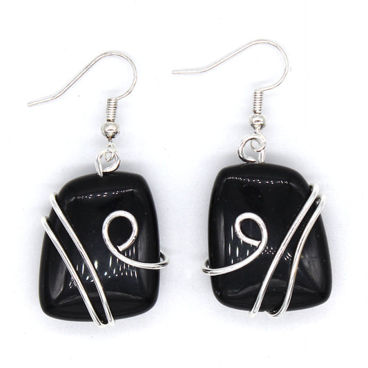 Black Agate Earring - Brass silver color plated - Size 25x20mm - NEW222