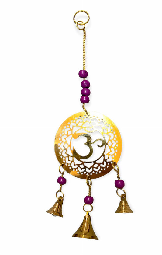 Brass Hanging Bells - Crown Chakra with Violet Beads - Wind Chime Witch Bells- India - NEW1121