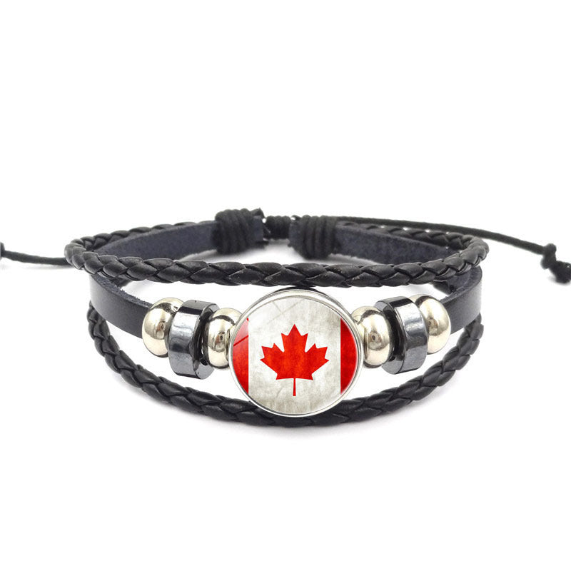 Unisex Leather Bracelet - Glass Canada Flag Charm