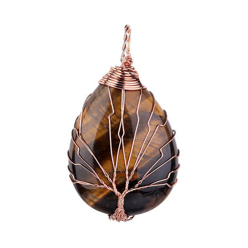 Tiger's Eye Tree of Life  Pendant - Teardrop - Rose Gold Color Plated