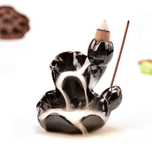 Porcelain Backflow Incense Holder - Flowers - Black - 8.5x7x7cm - NEW920