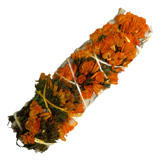 White Buffalo Sage with Sinuata Flowers - Orange - 4 inch Smudge Sticks - BULK - NEW1021