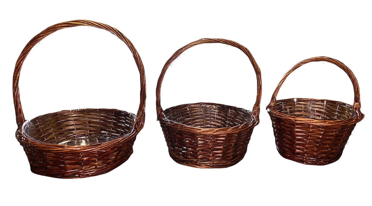 KIT of 12 Round Split Willow Baskets with hard liners 8 - 10 and 12 inch - Large 14.36 x 4 - Medium 12.36 x 4.7 - Small 10.36 x 5.5 inch deep with Basket Bags - Filler & Pull Bows