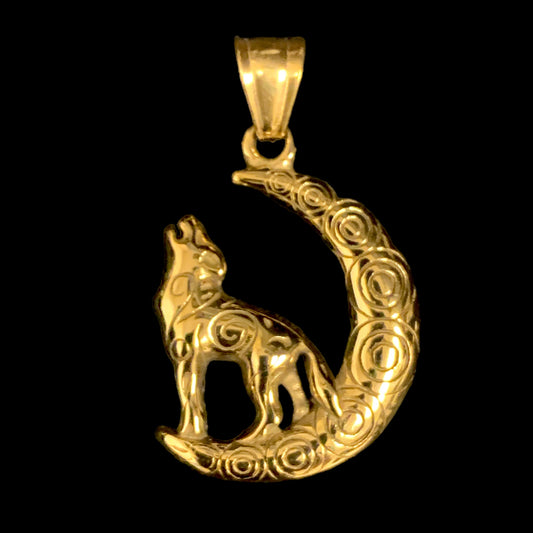 Stainless Steel Wolf & Moon Pendant - Gold Color - 30x26mm 12 grams - NEW922