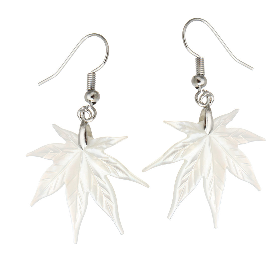 White Maple Leaf  MOP Shell Earrings with Brass Loops Silver Plated - 28x44x2mm - China - NEW1122